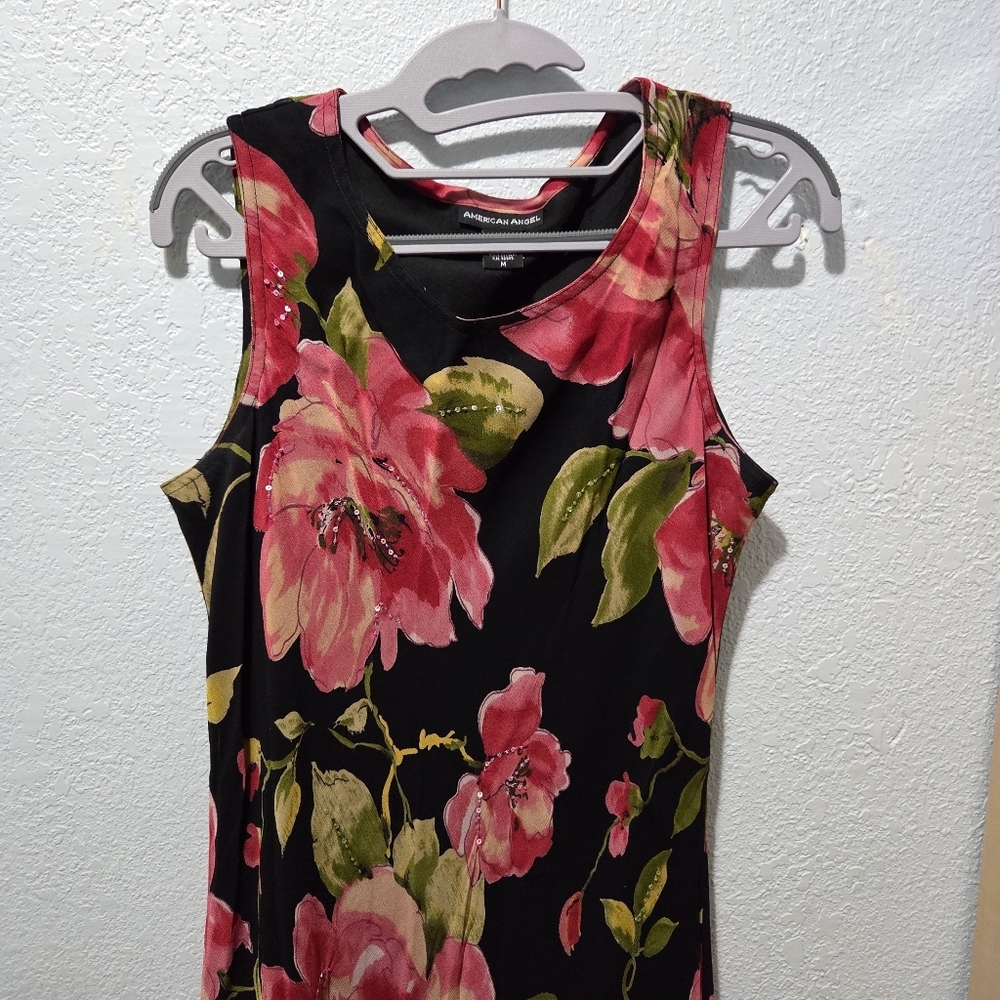 American Angel Black Maxi Dress with Pink Floral Design